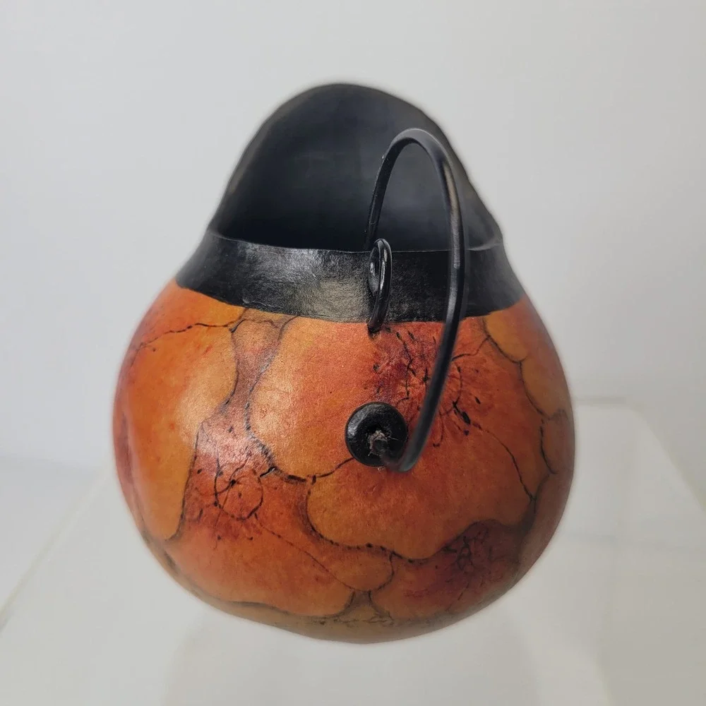 VTG Handcrafted Real Gourd Pitcher Vase Folk Art Floral w/ Handle 3 1/2